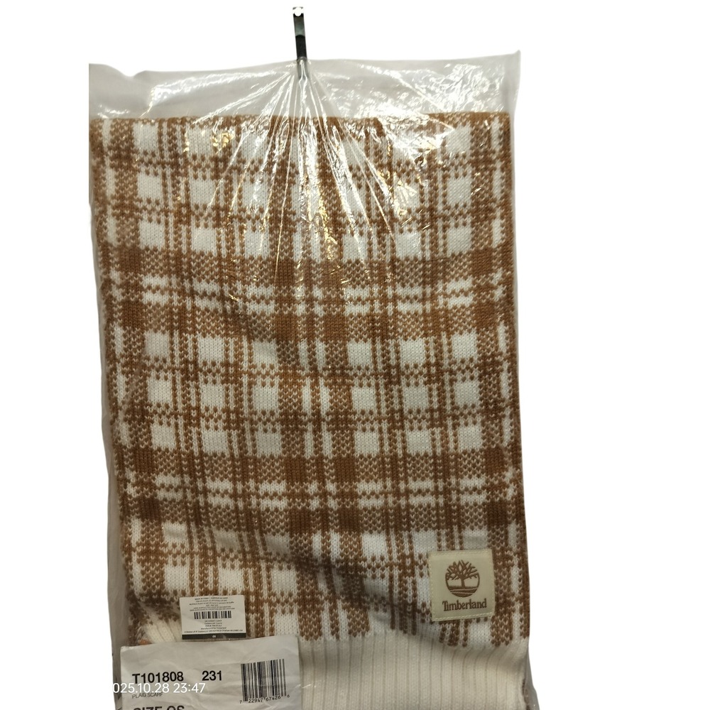 Timberland Plaid Knit Scarf Brown White Cozy Warm Winter Accessory NWT
